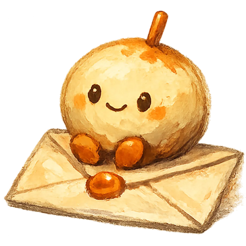A small painted fishball perched on a sealed envelope